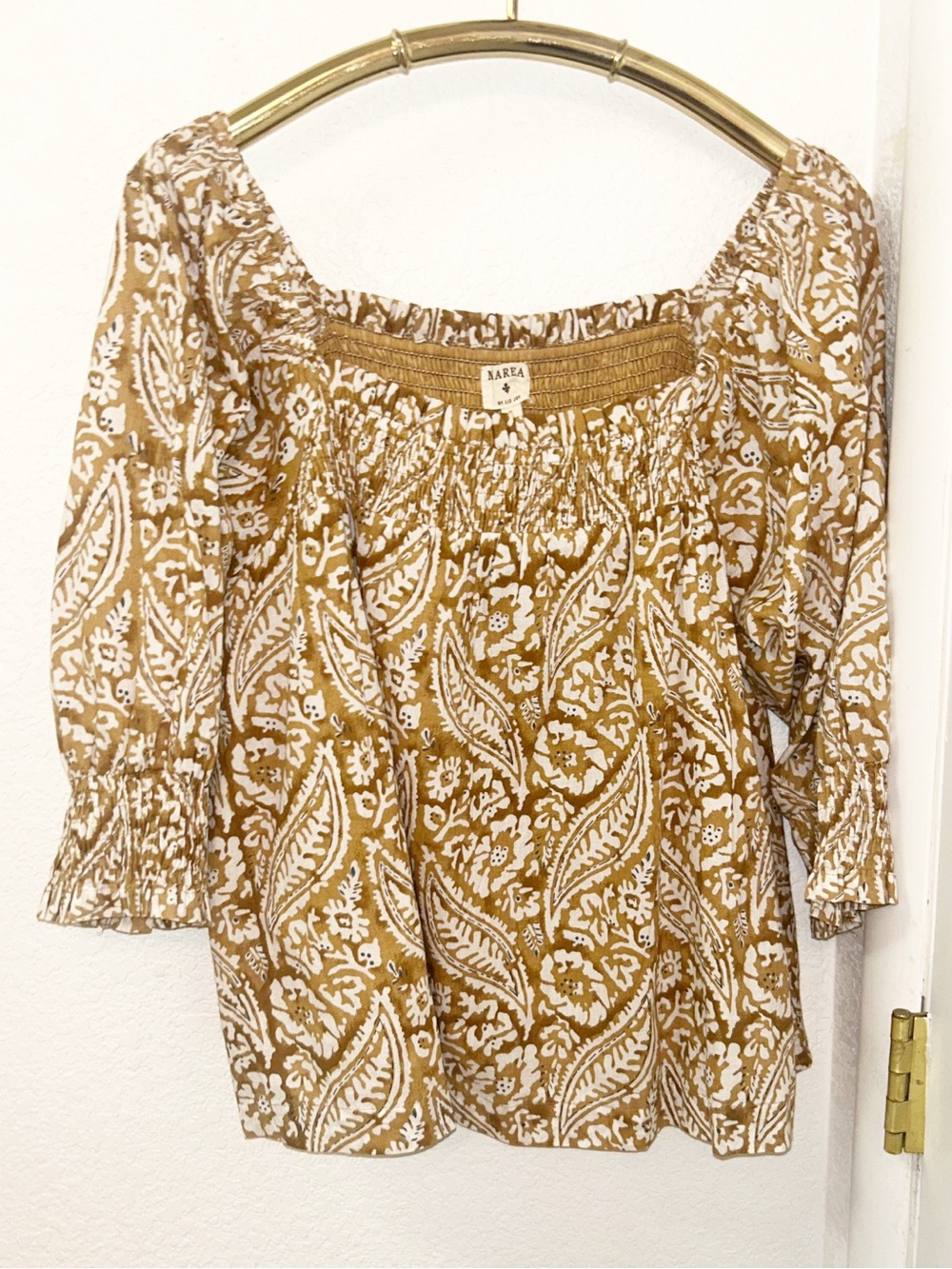 MAREA by Liz Joy The Off The Shoulder Smocked Blouse India Block Print SZ: Small